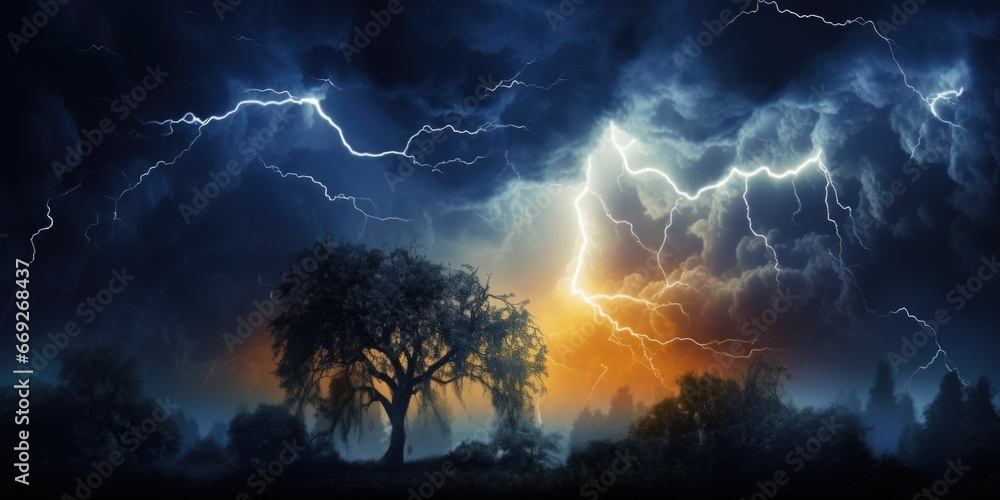 A powerful lightning storm illuminates the sky, with a striking tree in the foreground. Perfect for adding dramatic impact to any project - obrazy, fototapety, plakaty 