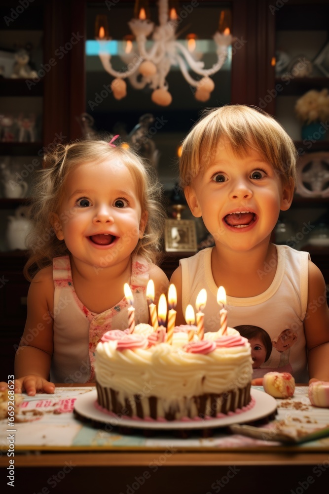 Two little girls sit in front of a cake with lit candles, ready to celebrate a birthday. This image can be used to capture the joy and excitement of a birthday party Two little girls sit in front of a cake with lit candles, ready to celebrate a birthday. This image can be used to capture the joy and excitement of a birthday party