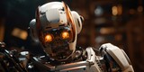 A detailed close-up shot of a robot with glowing eyes. This image can be used in various contexts, such as technology, artificial intelligence, robotics, science fiction, and futuristic concepts