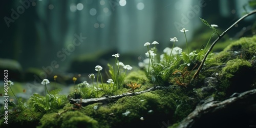 A picture of a moss covered rock with small white flowers. This image can be used to depict nature, tranquility, or a peaceful outdoor setting