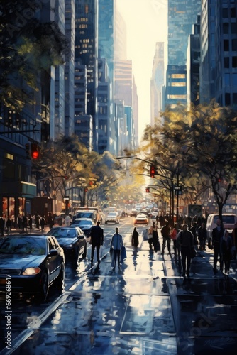 A painting depicting a group of people walking down a bustling city street. This image can be used to illustrate urban life and community.