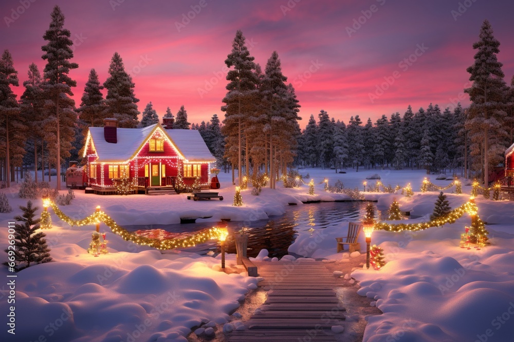 Fototapeta premium Dreamy Winter Cottage with Lights - Serene and Colorful Atmosphere