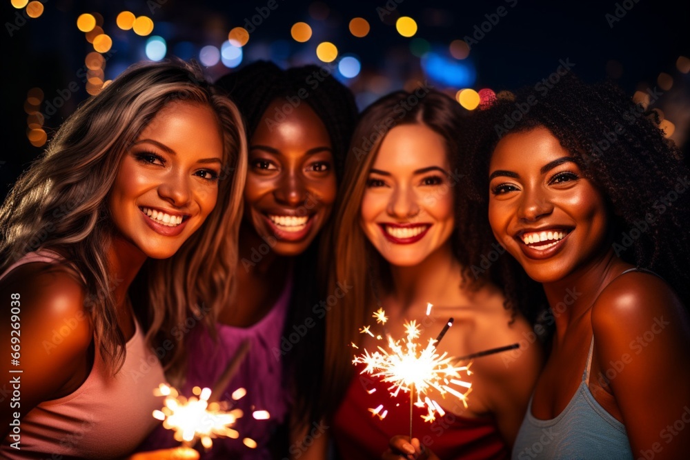 Vibrant Night City Portraits of Four Happy Women with Sparklers