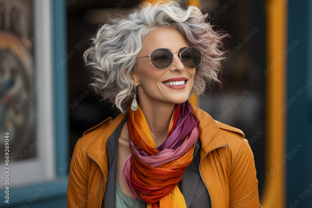 a smiling older woman with grey hair, in the style of street fashion | Urban portraits a smiling older woman with grey hair, in the style of street fashion | Urban portraits