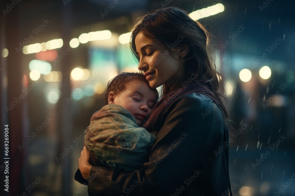 Emotive Scene of Woman and Child in Rain with Soft Lighting Emotive Scene of Woman and Child in Rain with Soft Lighting