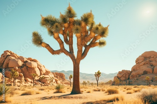 Detailed Rendering of Joshua Tree Amidst Vibrant Desert Landscape