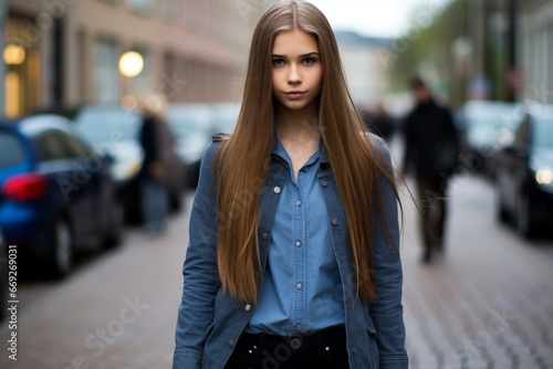 Stylish Young Woman with Exaggerated Features in Urban Setting