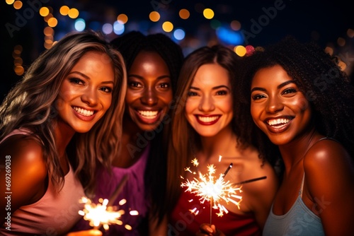 Vibrant Night City Portraits of Four Happy Women with Sparklers