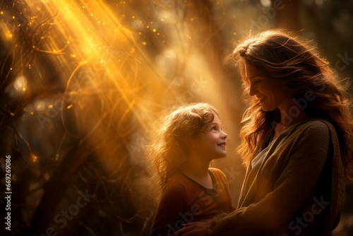 Golden Light Illuminating Mother and Daughter in a Magical Forest
