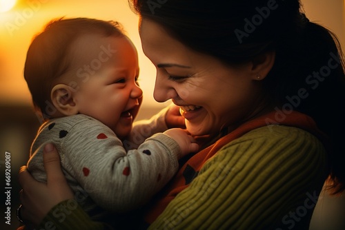 Joyful Mother Holding Baby at Sunset with Warm Tones