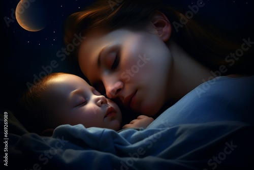 Mother and Infant Sleeping, Digital Art Portrait in Sky-Blue and Amber