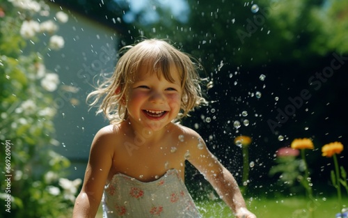 Joyful Young Girl Splashing Water in Backyard