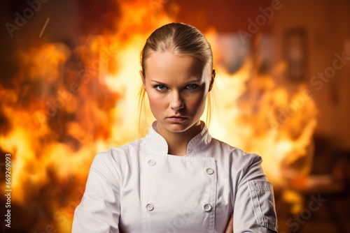 Emotionally Charged Portrait of Female Chef Amidst Fire