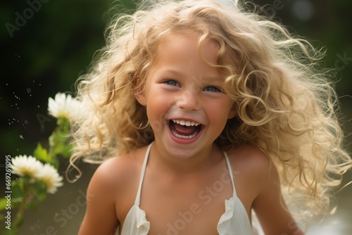 Joyful Young Girl with Blonde Curls in Nature's Embrace