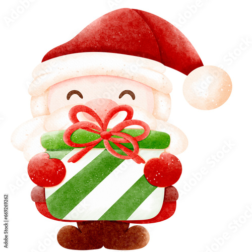Watercolor Santa claus holding green gift 