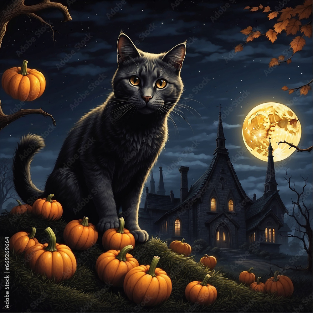 Halloween, black cat in a witch's hat and Jack-O-Lantern pumpkin Halloween, black cat in a witch's hat and Jack-O-Lantern pumpkin