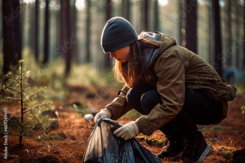 "Teen Environmentalist: Teenage Girl Cleaning up Forest, Promoting Awareness"
