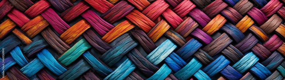 A macro shot of tightly woven fabric, highlighting the crisscrossing threads and vibrant colors.