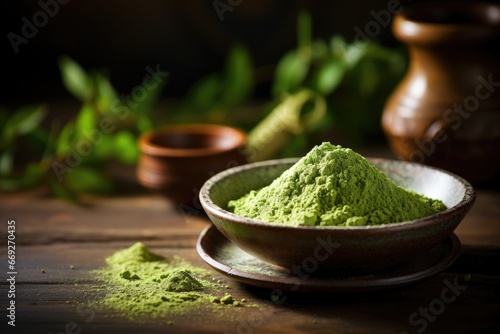 Matcha green tea powder on wood table 