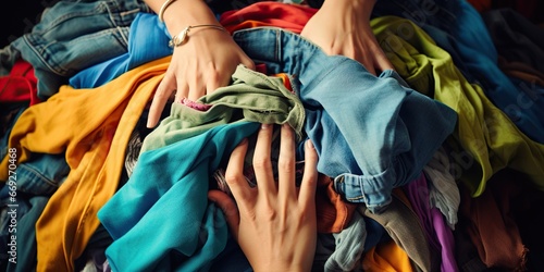 Hands reaching out from pile of clothes , concept of Unity