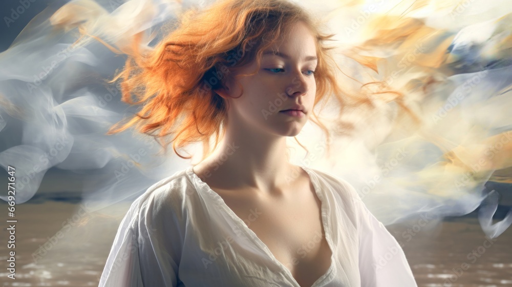 Portrait of a young, beautiful curly-haired girl with dark red hair, close-up