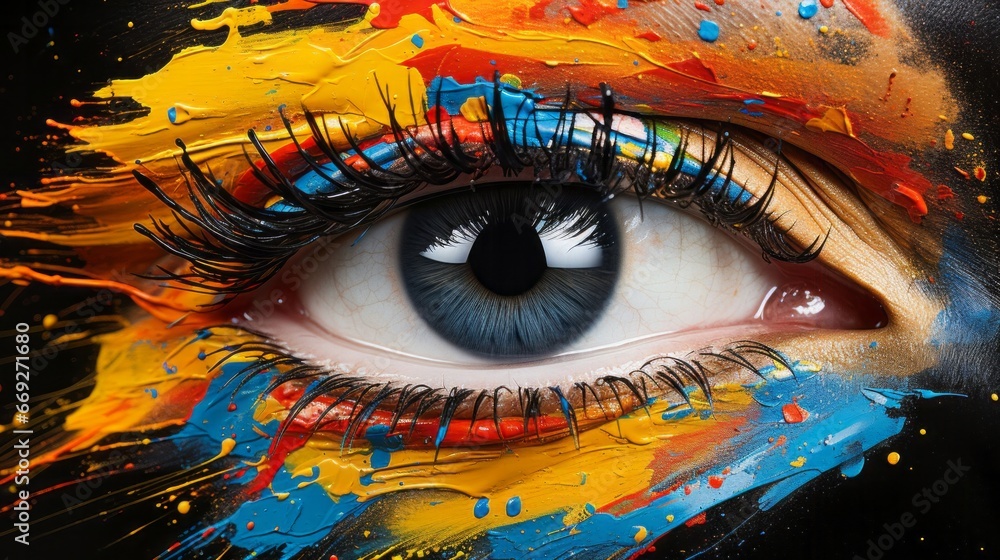 A woman's eye of model with colorful art make-up, close-up. conceptual abstract decoration image of an eye.