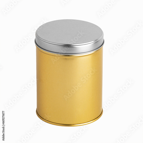 Metal box. Metal round tin with cover. Gold metal box with silver color cover. Isolated on white background.