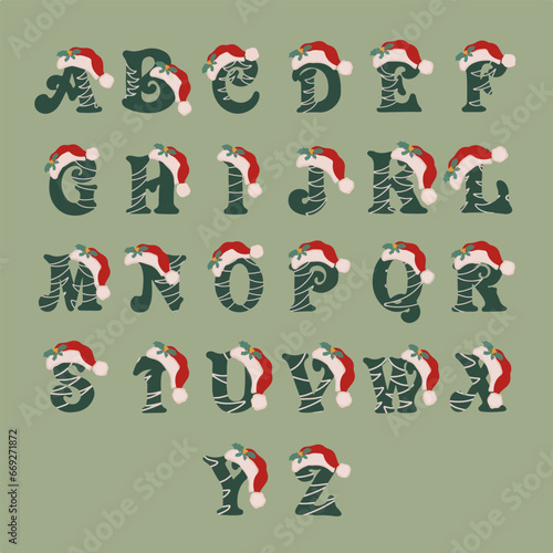 Christmas alphabet with cute characters. Winter ABS and cartoon letters in flat style. Decorated Merry Christmas and New Year figurines with Santa Claus and Santa hats.