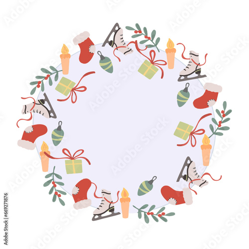 Festive Christmas wreath with gifts, skates, toys and fir branches. Ideal for postcard, banner, background.