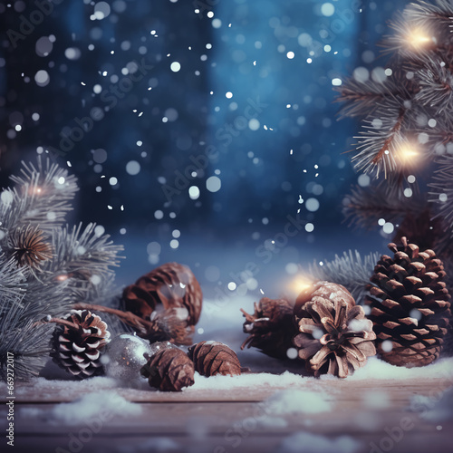A winter scene with pinecones, red berries and falling snow, in the background a snowy forest can be seen