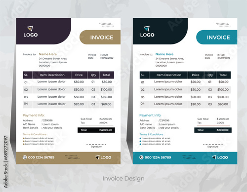 Vector creative and modern invoice design with 2 different color, corporate invoice design template,