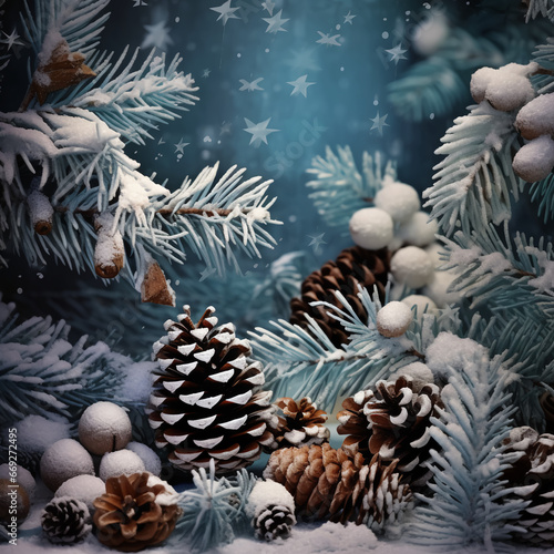 A winter scene with pinecones, red berries and falling snow, in the background a snowy forest can be seen