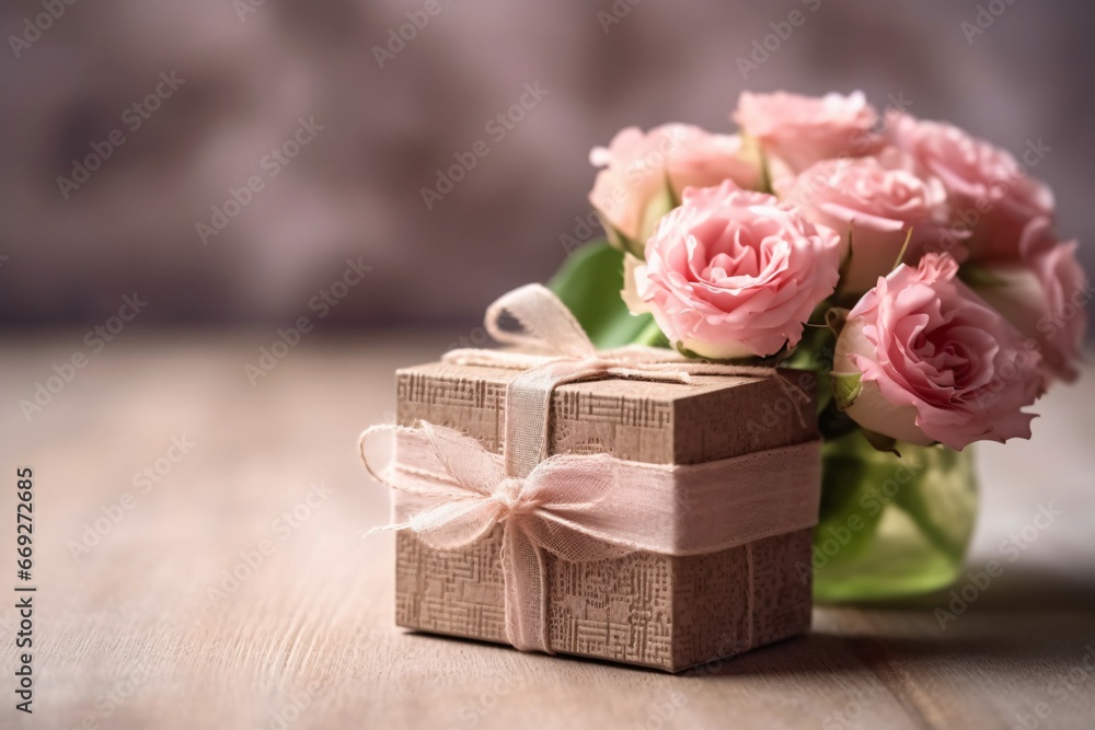 Gift box with pink roses on rustic wooden table with copy space Gift box with pink roses on rustic wooden table with copy space