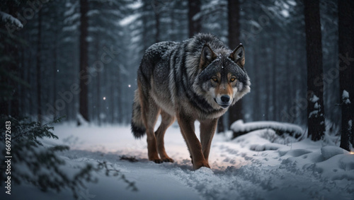 Timberwolf in una foresta di notte in inverno durante una nevicata photo