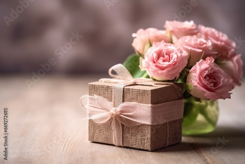 Gift box with pink roses on rustic wooden table with copy space