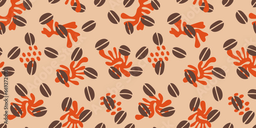 Pattern with coffee theme in geometric minimalistic style. Print with abstract shapes. Illustration for cover design, food package, menu, background, café wall, coffee shop, banners.