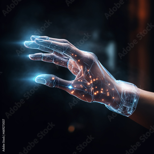 A persons hand touching a interactive hologram computer display that has glowing lights and shows interactive data