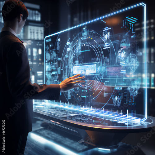 A persons hand touching a interactive hologram computer display that has glowing lights and shows interactive data