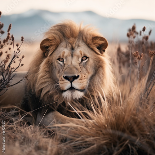 Artistic Lion in Natural Landscape: Muted Colors Nature Photography © HustlePlayground