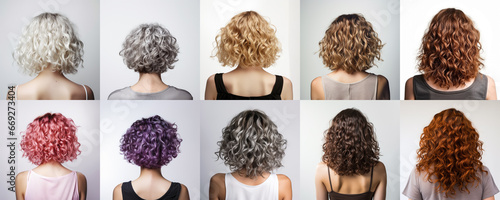 Small perm haircut for woman with different hair colour. View from behind on white background. Generative AI photo