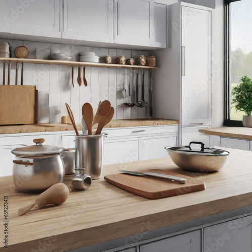 set of utencils in the kitchen on wooden countertop with white cabinets, 3d rendering