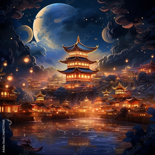 Golden lantern palace in the night sky scatter Ai generated art
