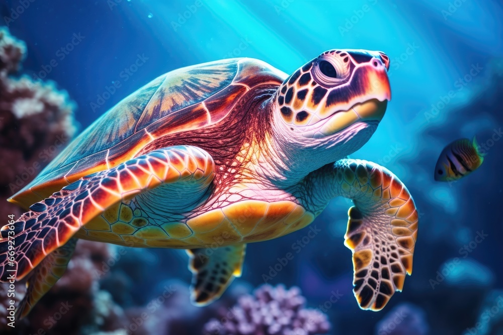 Majestic sea turtle gliding through the vibrant coral reef in the crystal-clear waters Majestic sea turtle gliding through the vibrant coral reef in the crystal-clear waters