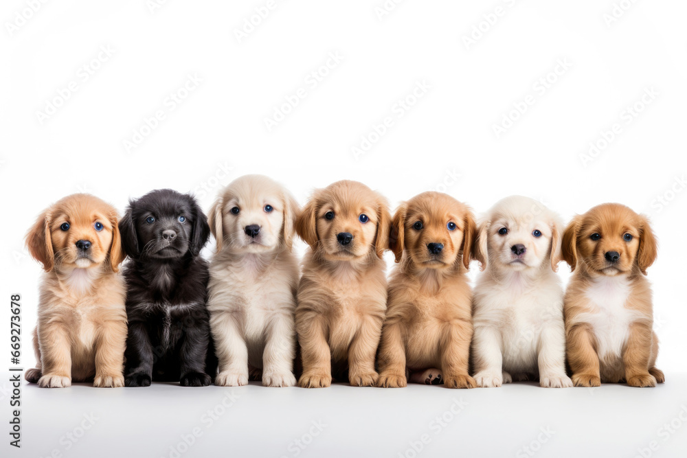 A group of adorable puppies from different breeds, showcasing their companionship and cuteness in a studio portrait.
