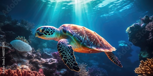 In the underwater realm, a graceful sea turtle navigates the vibrant coral reef in its natural habitat.