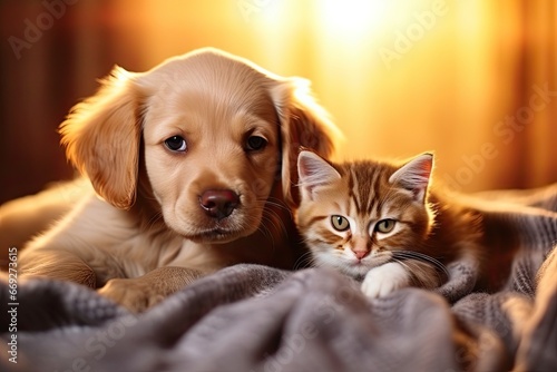 A heartwarming scene of friendship between a golden retriever puppy and a cute kitten, peacefully resting together.