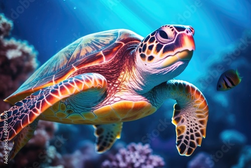 Majestic sea turtle gliding through the vibrant coral reef in the crystal-clear waters