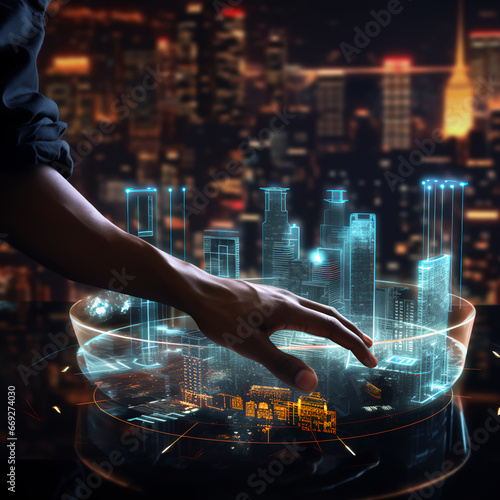 A persons hand touching a interactive hologram computer display that has glowing lights and shows interactive data