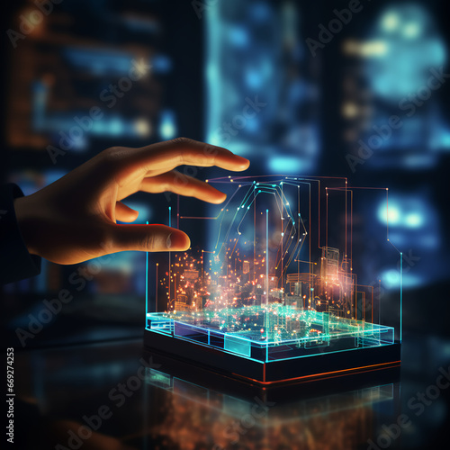 A persons hand touching a interactive hologram computer display that has glowing lights and shows interactive data
