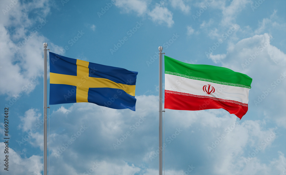 Iran and Sweden flags, country relationship concept Iran and Sweden flags, country relationship concept